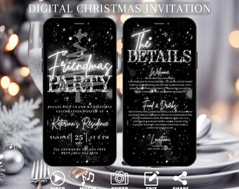 Puede incluir: Una invitación digital a una fiesta de Navidad con fondo negro y detalles de purpurina plateada. La invitación presenta un árbol de Navidad estilizado con el texto "Friendmas Party" y detalles sobre el evento, incluyendo la fecha, la hora, la ubicación y el anfitrión. El texto "The Details" se muestra en una fuente grande y en negrita.