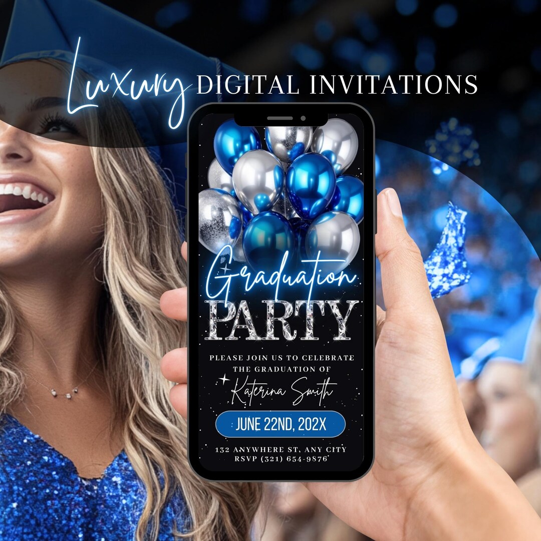 Graduation Party Invitation, Digital Silver Blue Grad Announcement ...