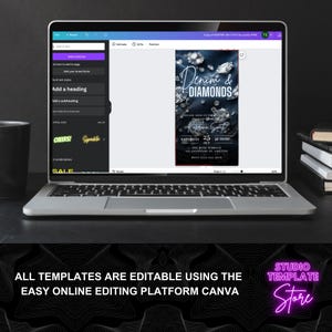 May include: A laptop screen displaying a denim and diamonds themed party invitation template on Canva. The invitation features a blue background with silver glitter and the text "Denim & Diamonds". The text "Please join us to celebrate" is also included, along with the date, time, and location of the party. The text "Studio Template Store" is displayed in neon pink letters on a black background.