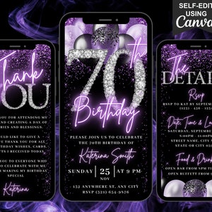 Digital 70th Birthday Invitation, Video 70 Black Purple Silver Invite For Women, Balloon Diamond Seventy Evite, Itinerary & Thank You eCard