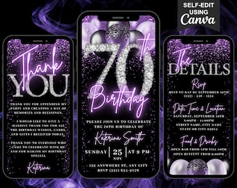 Invitación digital para 70 cumpleaños, video 70, invitación negra, morada y plateada para mujer, globo diamante setenta, invitación de Evite, itinerario y tarjeta de agradecimiento electrónica.