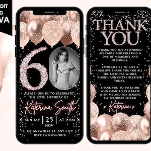 Digital 60th Birthday Invitation With Photo, Animated Sixty Party Image Invite, Rose Gold Diamond Evite For Her, Editable Thank You eCard