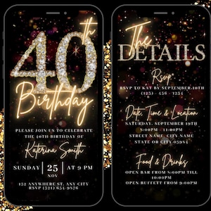 Digital 40th Birthday Party Video Invitation, 40th Glam Invite Ecard, Animated Black Gold Silver Diamond Evite, Editable Itinerary eCard