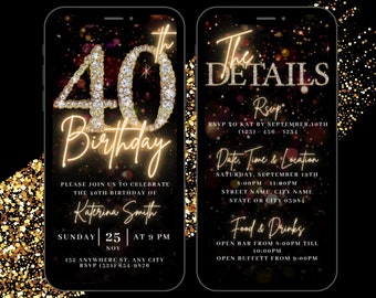 Digitale 40e verjaardag partij video uitnodiging, 40e Glam uitnodigen ecard, geanimeerde zwart goud zilver diamant Evite, bewerkbare reisplan eCard