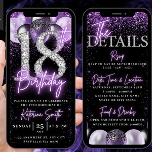 Digital 18th Birthday Invitation, Video 18th Purple Silver Invite For Girls, Balloon Eighteen Party Evite For Her, Editable Itinerary eCard