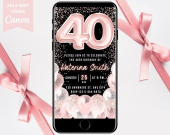 40th Birthday Digital Invitation, Electronic 40th Birthday Party Invite, Blush Pink Animated Text Evite, Instant Download Editable Template