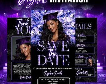Save The Date Graduation Invitation | Class of 2026 Animated Digital Evite | Modern Purple Editable Invite for Women | Instant Download
