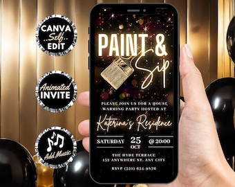 Digital Paint & Sip Invitation, Birthday Celebration Invite For Women, Black Gold New Housewarming Evite, Self Editable DIY Template Ecard