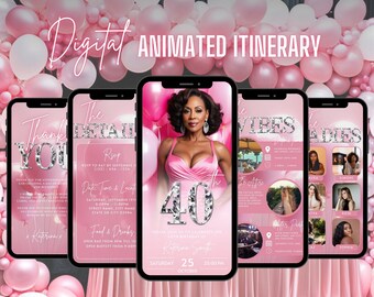 Digital 40th Birthday Invitation, Animated Forty Party Brunch Invite, Pink Dinner Evite For Women, Editable Vibes Itinerary eCard Bundle