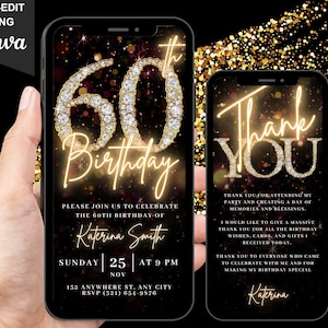 Digital 60th Birthday Party Video Invitation, 60th Glam Invite For Her, Animated Black Gold Silver Diamond Evite, Editable Thank You eCard