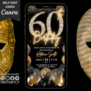 Digital 60th Birthday Invitation, Animated Sixty Black Gold Invite For Women, Birthday Dinner Evite, Self Editable Brunch Template eCard
