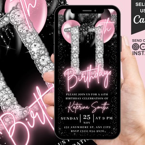 Meisjes 11e verjaardagsuitnodiging digitale sjabloon, blush roze 11e ballon diamant uitnodigen voor haar elfjarige verjaardag Evite, bewerkbare e-card