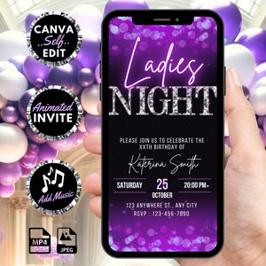 Digital Ladies Night Out Invitation, Animated Purple Birthday Invite, Bachelorette Party Evite, Self Editable Custom Canva Template eCard