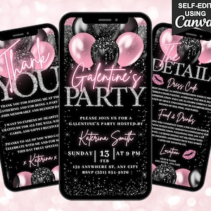 Digital Galentines Party Invitation, Animated Dinner Glam Diamond Invite, Elegant Blush Pink Evite, Editable Itinerary & Thank You eCard