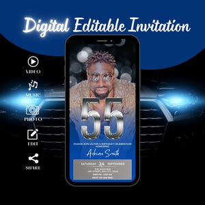 Digital 55th Birthday Invitation for Men, Dinner Party Evite, Classy Blue and Silver Mens Invite, Edit 55th Social Milestone Male Template