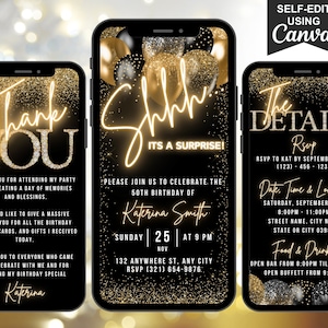 Digital 50th Surprise Birthday Invitation For Men, 50th Invite Evite,  Black Gold Party Invite For Him, Editable Itinerary & Thank You eCard