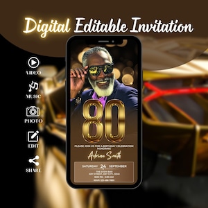 Digital 80th Birthday Invitation for Men, Dinner Party Evite, Classy Black and Gold Mens Invite, Brown 80th Milestone Male Party Template