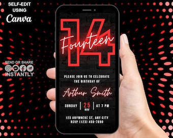 May include: A red and black digital birthday invitation for a 14th birthday party. The invitation features a neon red number 14 with the word "Fourteen" written in cursive. The invitation also includes the name "Arthur Smith", the date "Sunday, 25th November", the time "7 PM", and the address "123 Anywhere St., Any City".