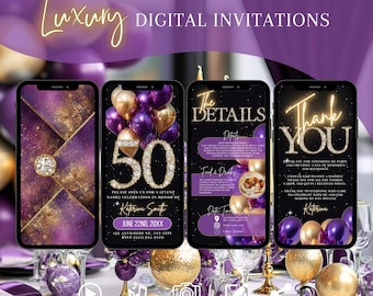 Elegant Purple Gold 50th Birthday Invitation, Digital Envelope Animated Invite, Brunch Evite, Dinner Party Editable Template Ecard For Women