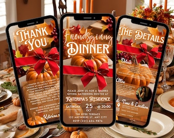 May include: A digital invitation for a Friendsgiving dinner party. The invitation features a fall theme with pumpkins, leaves, and a red ribbon. The text on the invitation reads "Friendsgiving Dinner" and includes the date, time, and location of the event. The invitation also includes a thank you message from the host.