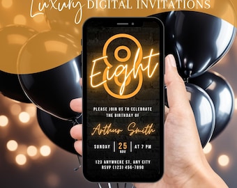 Digital 8th Birthday Invitation, Animated Turning Eight Kids Party Invite, Boys 8th Gaming Evite, Self Editable Template eCard For Him