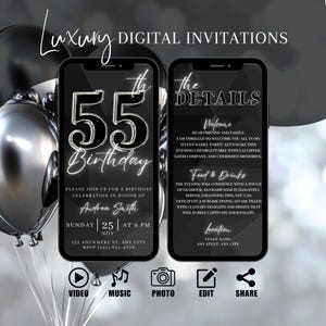 Silver 55th Birthday Party Invitation, Animated Dinner Invite For Women, Brunch Glam Evite For Men, Self Edit DIY Itinerary Template eCard