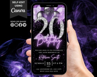 Digital 20th Birthday Invitation, Video 20th Purple Silver Invite For Women, Lavender Balloon Diamond Twenty Evite Her, Self Editable eCard