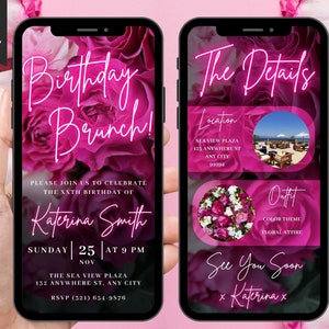 Faire-part de fête d'anniversaire brunch numérique, téléphone numérique floral rose pour elle, invitation animée pour tout âge, itinéraire modifiable