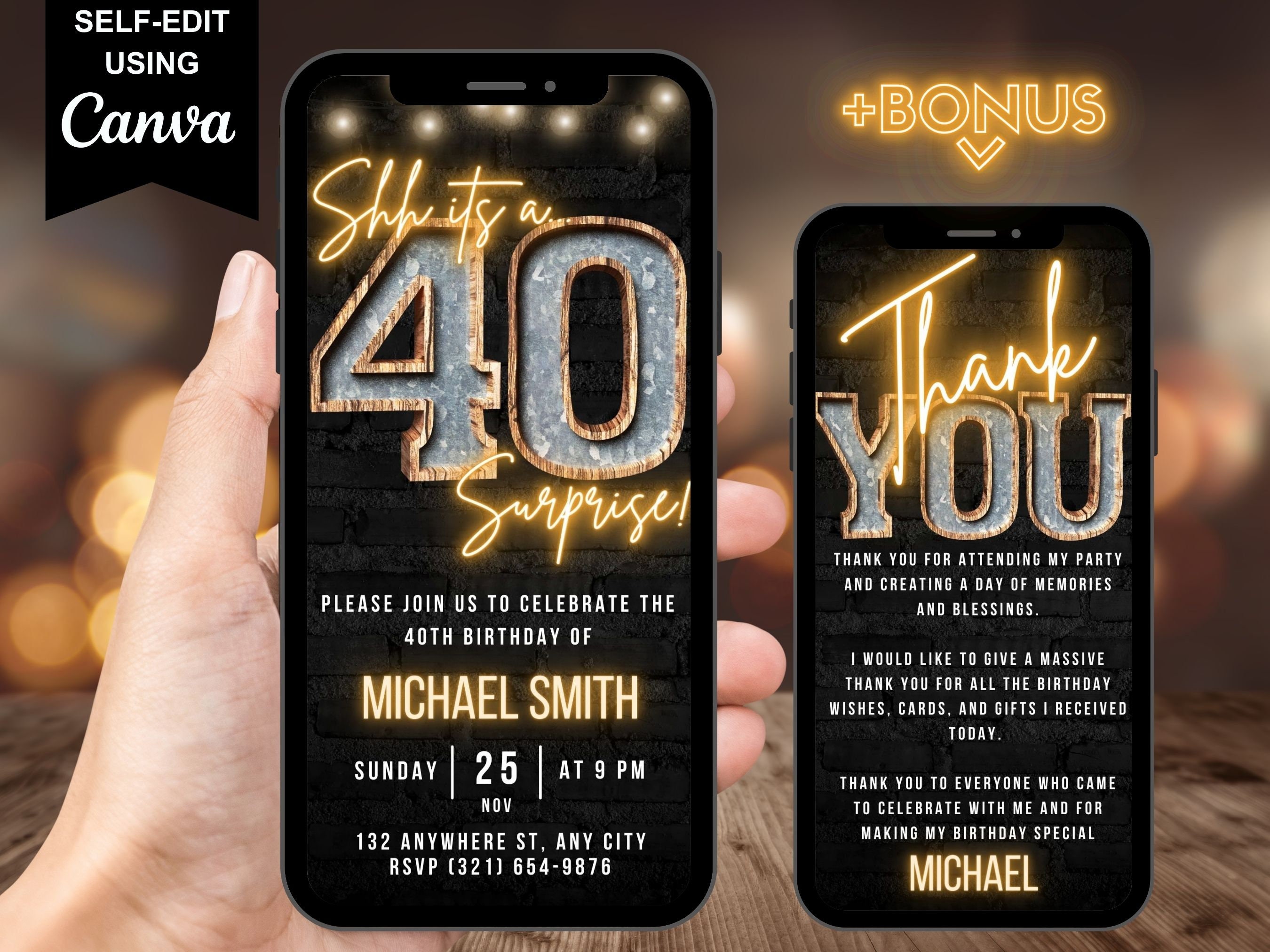 Surprise 40th Birthday Digital Invitation, Men's 40th Invite For Him, Adult Rustic BBQ Phone Evite, Shh Its A Surprise Party Thank You eCard