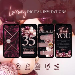 May include: A digital invitation for a 35th birthday party. The invitation features a pink and gold color scheme with balloons and a sparkly number 35. The text on the invitation reads "Please join us for a birthday celebration in honor of Ekaterina Smith, June 22nd, 20XX, 152 Anywhere St., Any City, RSVP (321) 654-9926".