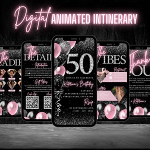 Digital 50th Birthday Invitation, Animated 50th Blush Pink Ladies Invite For Her, Diamond Evite, Editable Vibes Itinerary & Thank You eCard