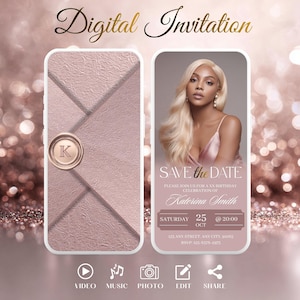 Puede incluir: Diseño de invitación digital en rosa y dorado. El diseño incluye una foto de una mujer rubia y el texto "Save the Date" para una celebración de cumpleaños. La invitación también incluye iconos para vídeo, música, foto, editar y compartir.
