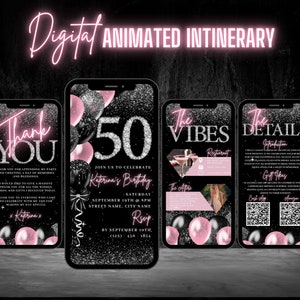 Digital 50th Birthday Invitation, Animated 50th Blush Pink Girls Invite For Her, Diamond Evite, Editable Vibes Itinerary & Thank You eCard