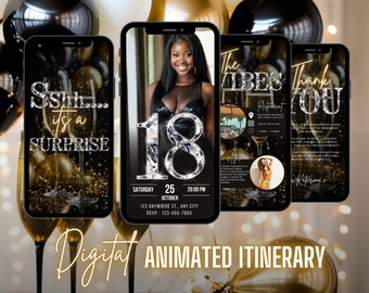 Digital Surprise 18th Birthday Invitation, Animated Picture Dinner Party Invite For Women, Gold Brunch Photo Evite, Editable Itinerary eCard