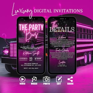 Digital VIP Party Bus Invitation, Girls Limo Birthday Party Invite, Pink Bus Evite For Women, Self Edit Itinerary Template eCard For Her