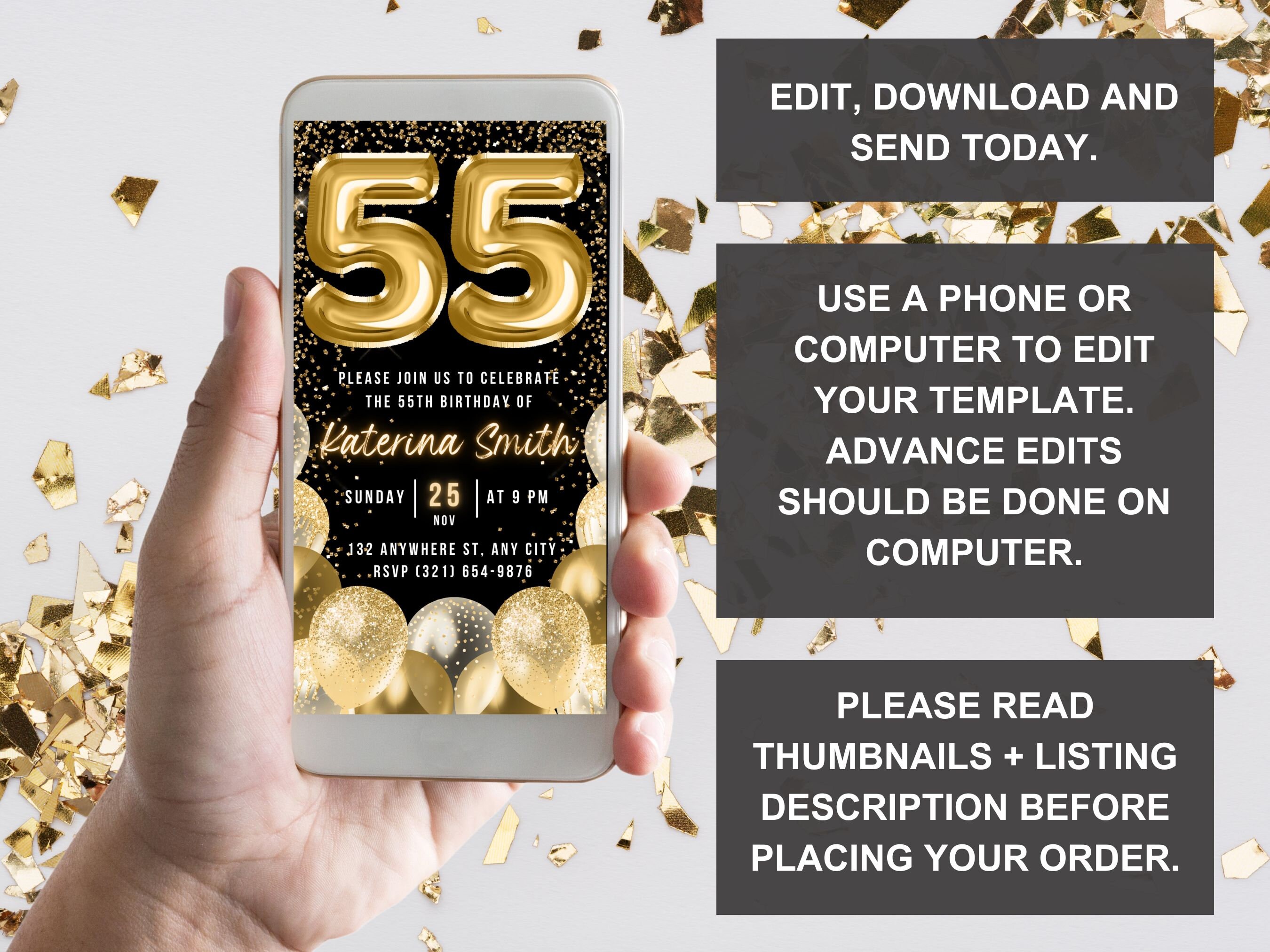 Digital 55th Birthday Invitation, Animated 55th Gold Balloon Party ...