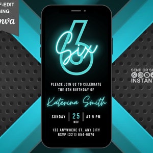 Digital 6th Birthday Party Blue Neon Invitation, Editable Boys Phone Text Message Evite, Editable Animated Template, Teen Gaming Birthday