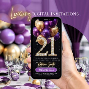 Digital 21st Birthday Invitation, Animated Purple Gold Surprise Invite, Diamond Brunch Evite, Dinner Party Editable Template Ecard For Women