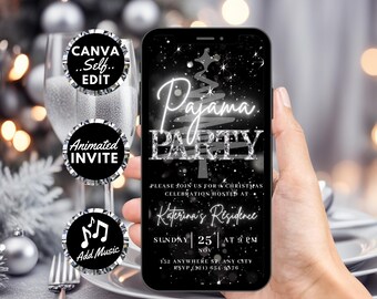 Digital Pajama Party Invitation, Animated Christmas Video Invite, Elegant Ladies Night  Silver Xmas Evite, Self Edit DIY Template eCard