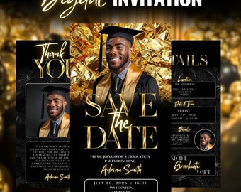 Sparen Sie das Datum Abschlussfeier Einladung - Digital Grad Party einladen für Männer - Gold Klasse Von 2026 E Einladung - Sofort Download