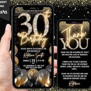 Invito digitale per il 30° compleanno di lei, invito 30, invito per video festa con palloncino nero oro argento a forma di diamante per donne, e-card di ringraziamento modificabile