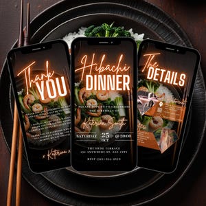 Digital Hibachi Flyer Invitation, Animated Birthday Dinner Party Invite, Red Japanese Food Video Evite, Self Edit DIY Custom Template eCard
