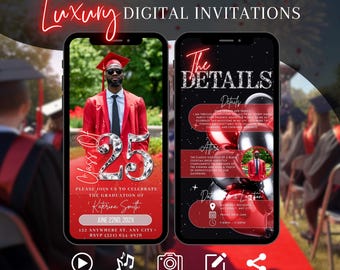 Invitación roja para fiesta de graduación de 2026, invitación digital para graduados, elegante anuncio de derecho en Evite, plantilla editable de tarjeta electrónica para hombres
