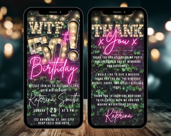 WTF Digital 50th Birthday Party Invitation, Electronic Mobile Phone Text Message Evite, 50th Invite, Pink Neon Marquee, Thank You Ecard