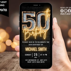 Digital 50th Birthday Invitation For Men, 50 Invite Ecard, Virtual Rustic Marquee BBQ Fifty Party Invite For Him, Self Editable Template image 1