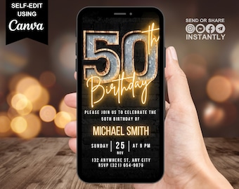 Digital 50th Birthday Invitation For Men, 50 Invite Ecard, Virtual Rustic Marquee BBQ Fifty Party Invite For Him, Self Editable Template