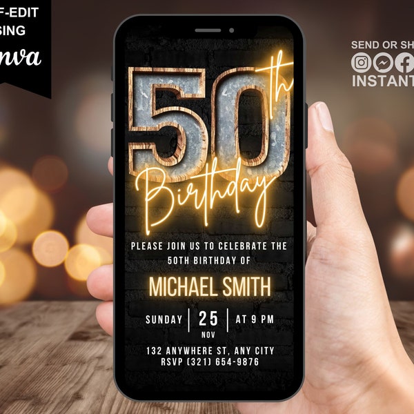 Digital 50th Birthday Invitation For Men, 50 Invite Ecard, Virtual Rustic Marquee BBQ Fifty Party Invite For Him, Self Editable Template