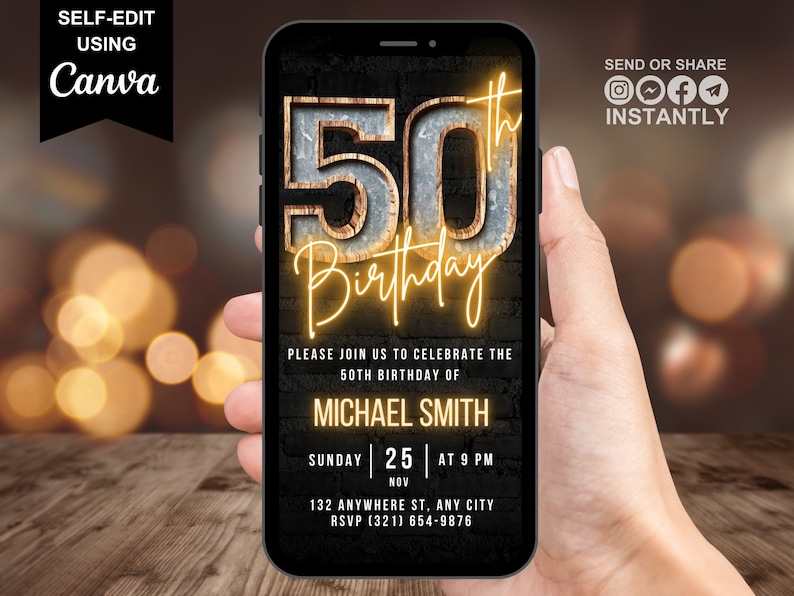 Digital 50th Birthday Invitation For Men, 50 Invite Ecard, Virtual Rustic Marquee BBQ Fifty Party Invite For Him, Self Editable Template image 1