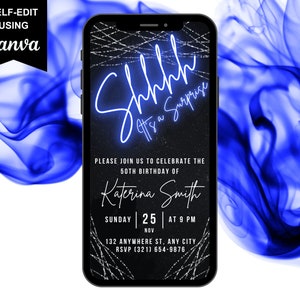 Digital Shh Its A Surprise Birthday or Anniversary Invitation, 30th, 40th, 50th, 60th, 70th, Black Neon Blue Virtual Electronic Invitation