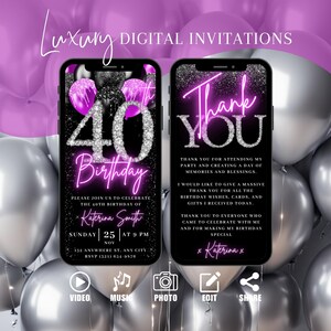 Digital 40th Birthday Invitation For Women, Animated 40th Evite, Video Pink Black Silver Diamond Party Invite, Editable Thank You eCard